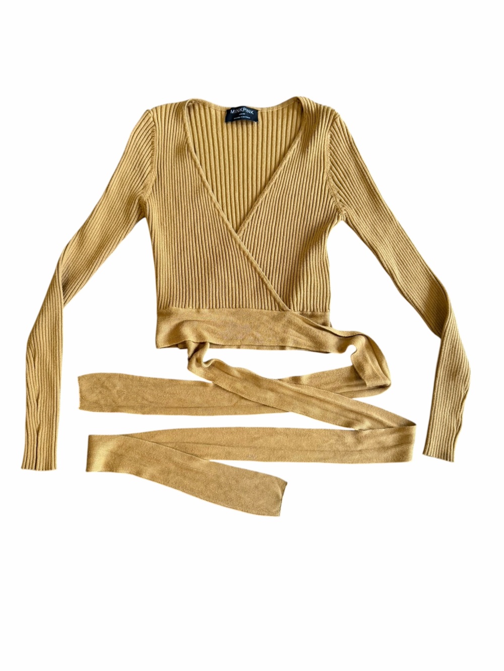 MINKPINK Ribbed Wrap Sweater Medium Camel Tan Long Sleeve Tie Waist Knit Top